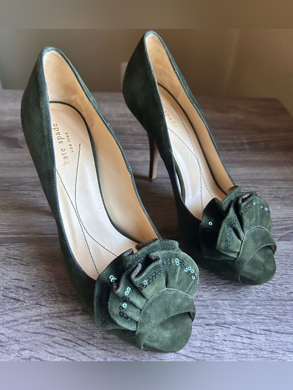 Kate Spade Dark Green Suede Heels with Ruffle Sequin Peep Toe, 9 1/2